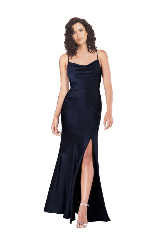 Buy Sleeveless Cowl Neck Silky Satin A-Line Black Tie Formal Dress UK