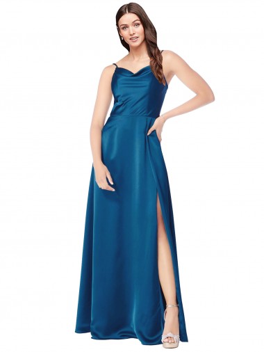 Buy Sleeveless Peacock Blue Spaghetti Straps Low Back Silky Satin A-Line Formal Dress UK