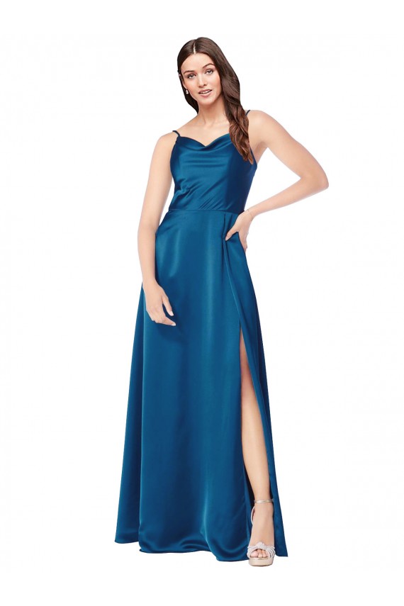 Buy Sleeveless Peacock Blue Spaghetti Straps Low Back Silky Satin A-Line Formal Dress UK