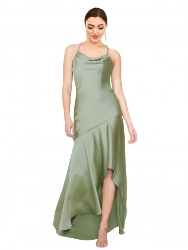 Buy Sleeveless Cowl Neck Criss Cross Open Back Silky Satin A-Line High Low Formal Dress UK