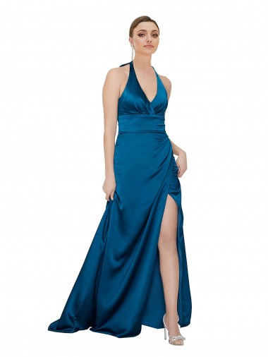 Buy Sleeveless Halter Neck Open Back Silky Satin A-Line Formal Dress UK