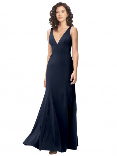 Buy Sleeveless Dark Navy V-Neck V-Back Stretch Crepe A-Line Formal Gowns UK