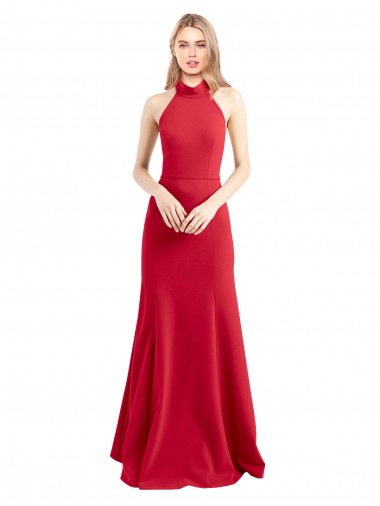 Buy Sleeveless Halter Neck Open Back Stretch Crepe A-Line Formal Dress UK