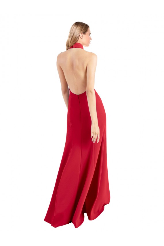 Buy Sleeveless Halter Neck Open Back Stretch Crepe A-Line Formal Dress UK