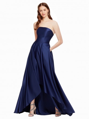 Buy Sleeveless Strapless Low Back Satin A-Line High Low Formal Dress UK