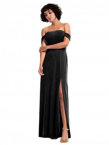 Buy Sleeveless Black Off the Shoulder Stretch Velvet A-Line Formal Dress UK