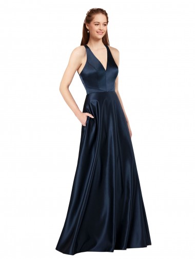 Buy Sleeveless V-Neck Keyhole Back Satin A-Line Formal Dress UK