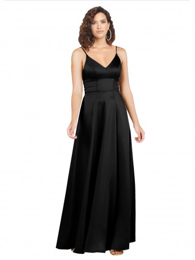 Buy Sleeveless Black V-Neck V-Back Silky Satin A-Line Formal Dress UK