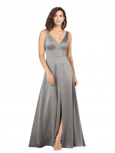 Buy Sleeveless Pearl Grey V-Neck Silky Satin A-Line Formal Dress UK