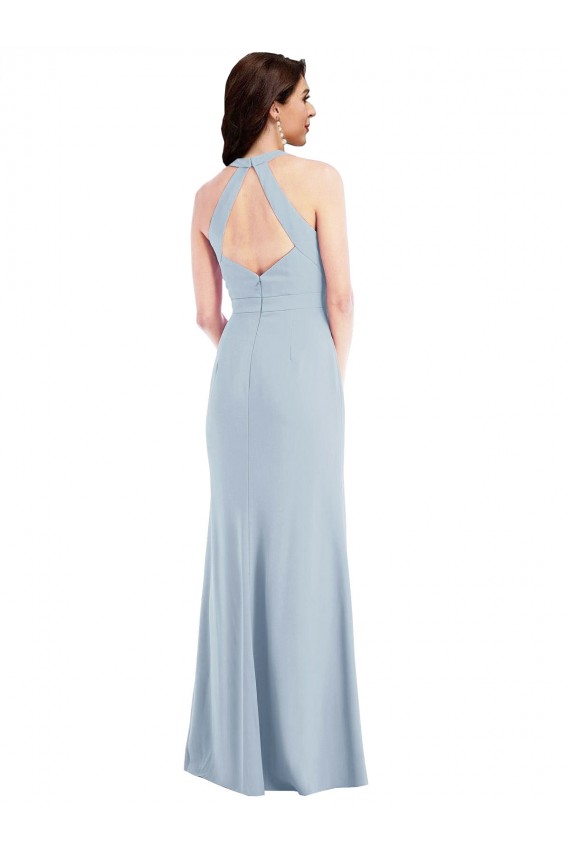 Buy Sleeveless Light Sky Blue Halter Neck Open Back Stretch Crepe A-Line Formal Dress UK