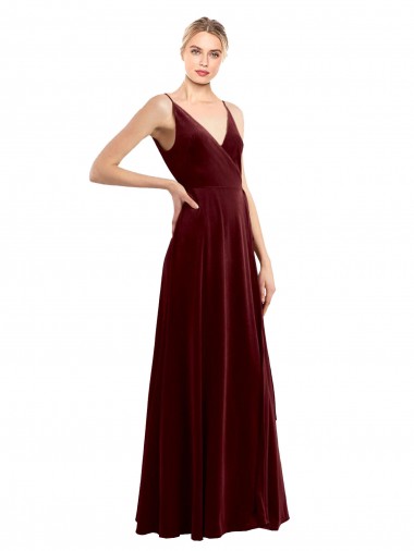 Buy Sleeveless Burgundy V-Neck V-Back Stretch Velvet A-Line Formal Dress UK