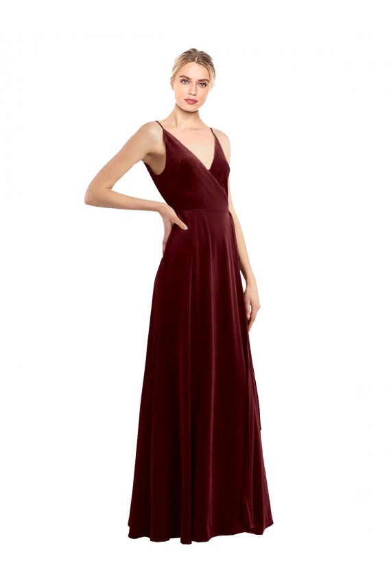 Buy Sleeveless Burgundy V-Neck V-Back Stretch Velvet A-Line Formal Dress UK