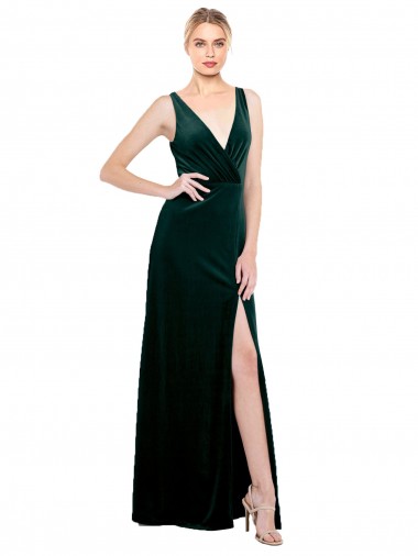 Buy Sleeveless V-Neck V-Back Stretch Velvet A-Line Black Tie Formal Dress UK