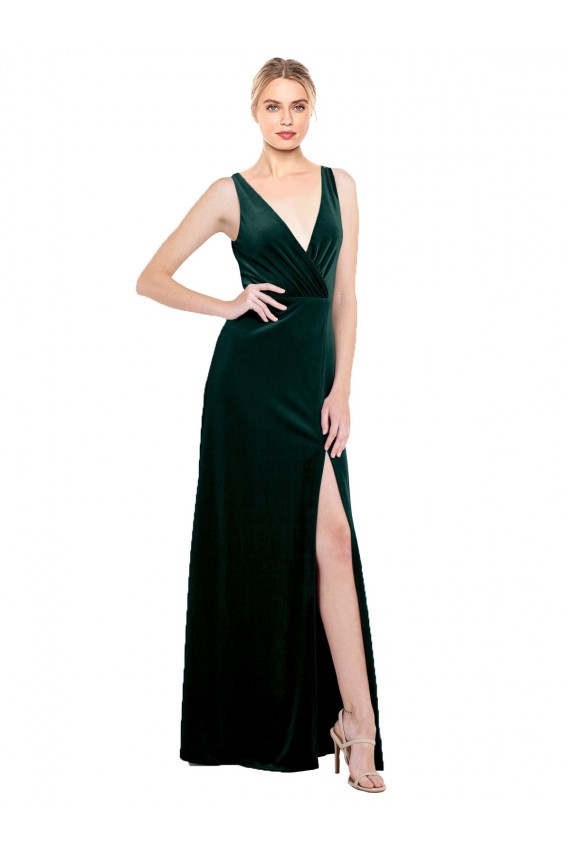 Buy Sleeveless V-Neck V-Back Stretch Velvet A-Line Black Tie Formal Dress UK