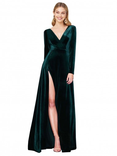 Buy Long Sleeves V-Neck Stretch Velvet A-Line Black Tie Formal Dress UK