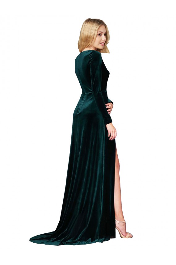 Buy Long Sleeves V-Neck Stretch Velvet A-Line Black Tie Formal Dress UK