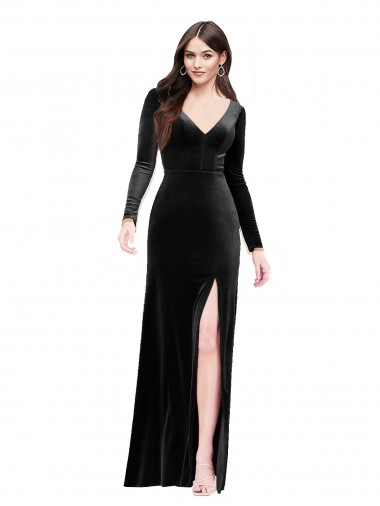 Buy Long Sleeves V-Neck V-Back Stretch Velvet Column Formal Dress UK