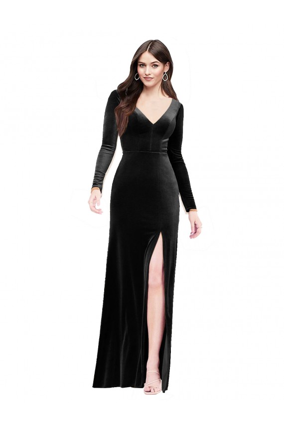 Buy Long Sleeves V-Neck V-Back Stretch Velvet Column Formal Dress UK