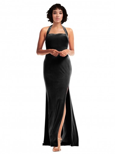 Buy Sleeveless Halter Neck Low Back Stretch Velvet Mermaid Formal Dress UK