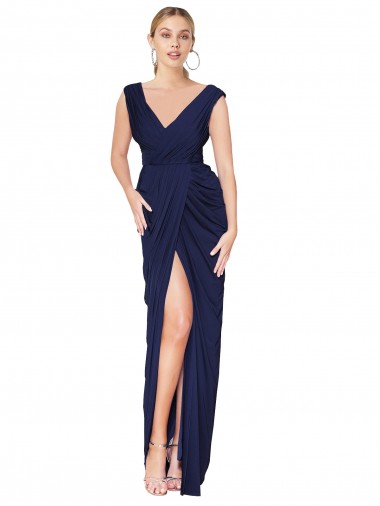 Buy Sleeveless Dark Navy V-Neck V-Back Chiffon Mermaid Formal Gowns UK