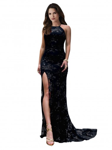 Buy Sleeveless High Neck Open Back Lace Mermaid Black Tie Formal Dress UK