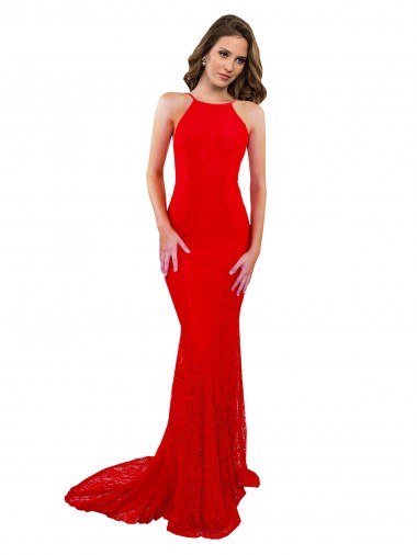 Buy Sleeveless High Neck Open Back Lace Mermaid Formal Dress UK