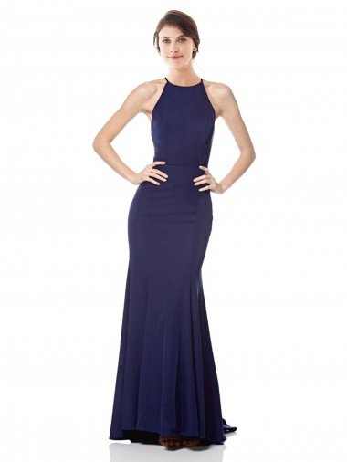 Buy Sleeveless Navy Blue Halter Neck Stretch Crepe Mermaid Formal Dress UK