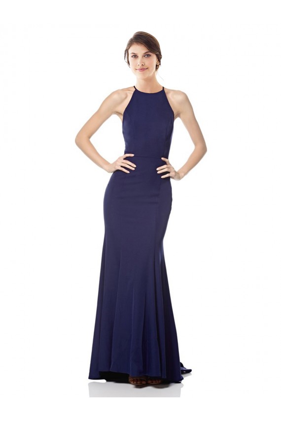 Buy Sleeveless Navy Blue Halter Neck Stretch Crepe Mermaid Formal Dress UK