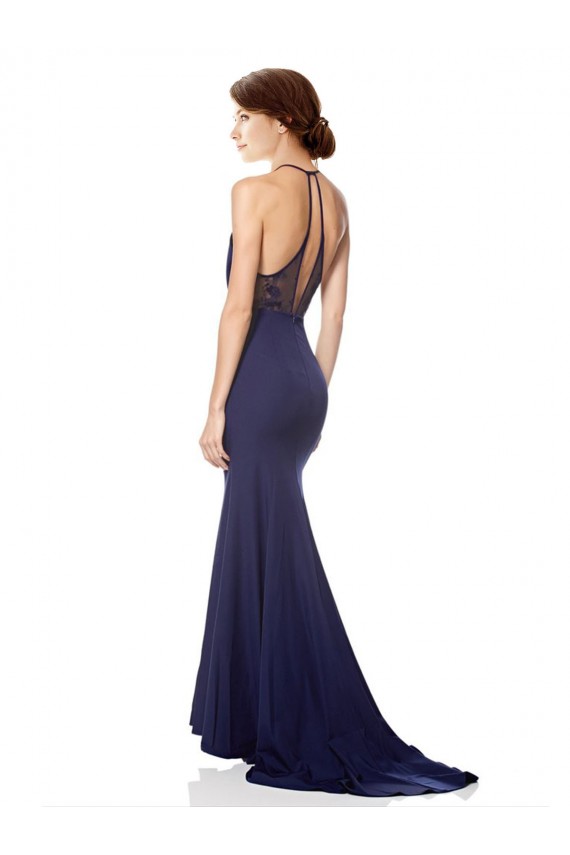 Buy Sleeveless Navy Blue Halter Neck Stretch Crepe Mermaid Formal Dress UK