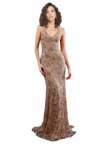 Buy Sleeveless Rose Gold V-Neck Backless Stretch Crepe & Sequin Tulle Mermaid Formal Dress UK