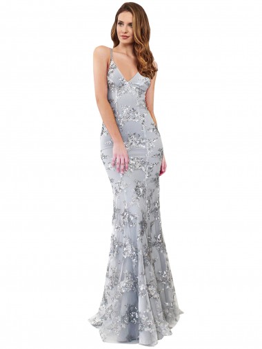 Buy Sleeveless Silver V-Neck Backless Stretch Crepe & Sequin Tulle Mermaid Formal Dress UK