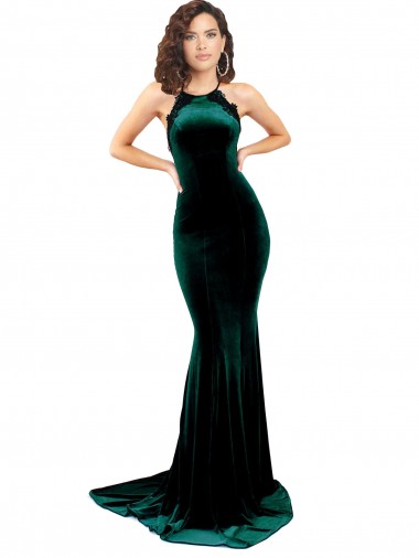 Buy Sleeveless High Neck Low Back Stretch Velvet Mermaid Formal Dress UK