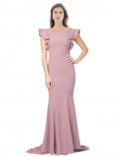 Buy Flutter Sleeves Round Neck Low Back Stretch Crepe Mermaid Formal Dress UK