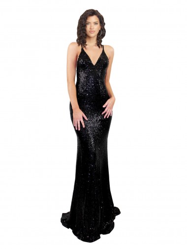 Buy Sleeveless V-Neck Criss Cross Open Back Sequin Mermaid Black Tie Formal Dress UK