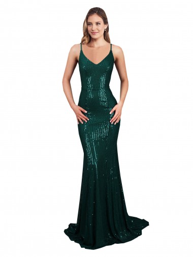 Buy Sleeveless Dark Green V-Neck Low Back Sequin Mermaid Formal Dress UK