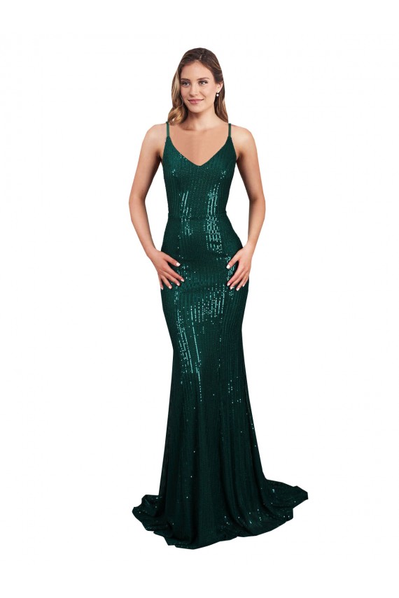 Buy Sleeveless Dark Green V-Neck Low Back Sequin Mermaid Formal Dress UK