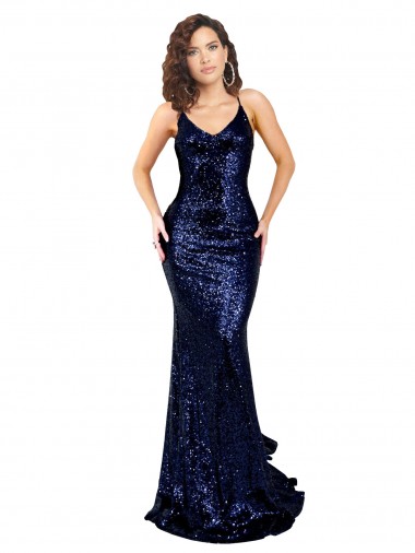 Buy Sleeveless Dark Navy V-Neck Low Back Sequin Mermaid Formal Dress UK