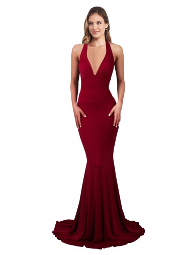 Buy Sleeveless Halter Neck Open Back Spandex Mermaid Formal Dress UK