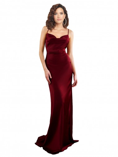 Buy Sleeveless Burgundy Cowl Neck Criss Cross Open Back Silky Satin Sheath Formal Gowns UK