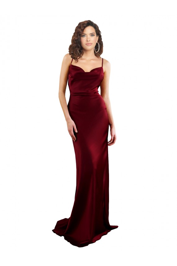 Buy Sleeveless Burgundy Cowl Neck Criss Cross Open Back Silky Satin Sheath Formal Gowns UK