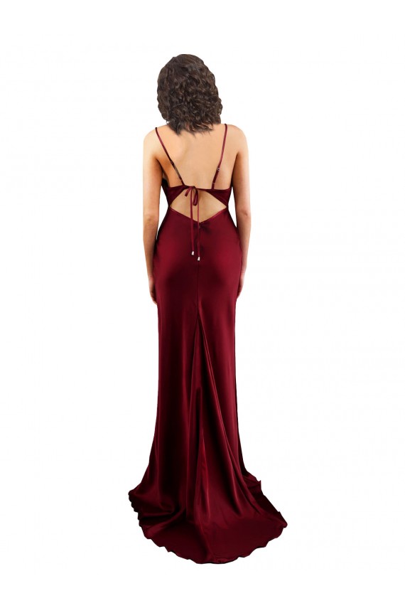 Buy Sleeveless Burgundy Cowl Neck Criss Cross Open Back Silky Satin Sheath Formal Gowns UK