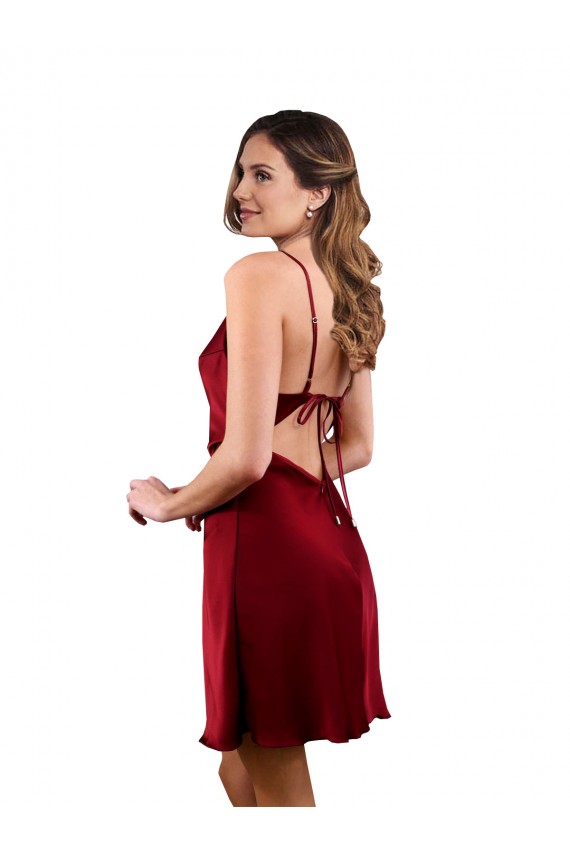 Buy Sleeveless Burgundy Cowl Neck Criss Cross Open Back Silky Satin Sheath Formal Dress UK