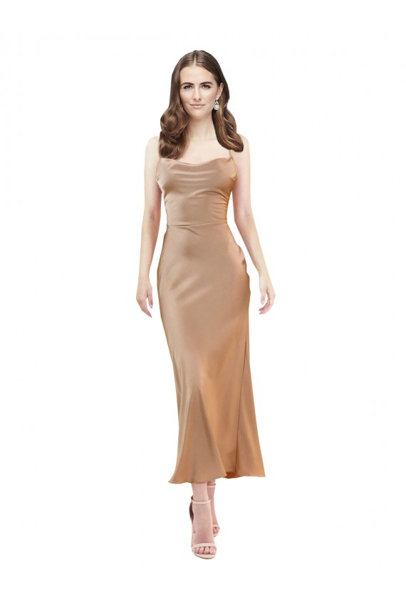 Buy Sleeveless Cowl Neck Low Back Silky Satin Sheath Formal Dress UK