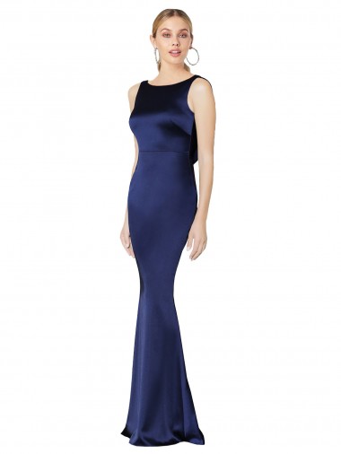 Buy Sleeveless Dark Navy Halter Neck Low Back Stretch Satin Sheath Formal Dress UK