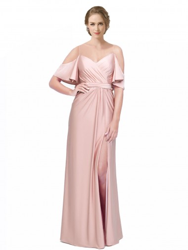 Buy Cold Shoulder Off the Shoulder Low Back Silky Satin Sheath Formal Dress UK