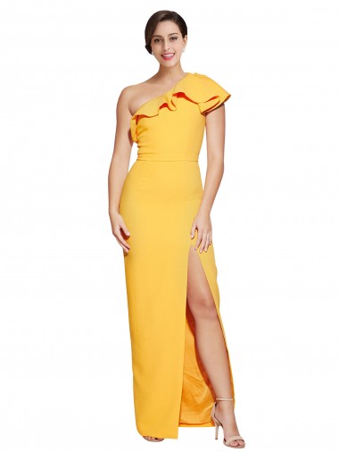 Buy Sleeveless Saffron One Shoulder Stretch Crepe Sheath Formal Dress UK