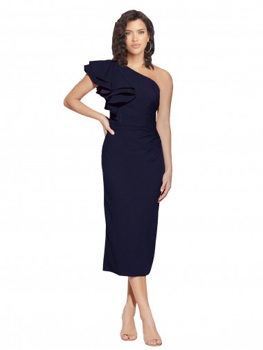 Buy Sleeveless Dark Navy One Shoulder Stretch Crepe Sheath Formal Dress UK