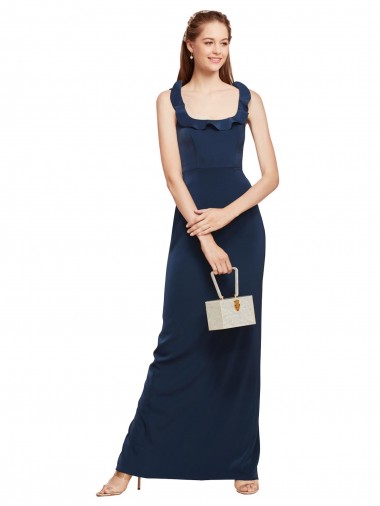 Buy Sleeveless Dark Navy Scoop Neck Low Back Stretch Crepe Sheath Formal Dress UK