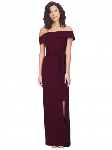 Buy Sleeveless Burgundy Gold Off the Shoulder Low Back Stretch Crepe Sheath Formal Dress UK