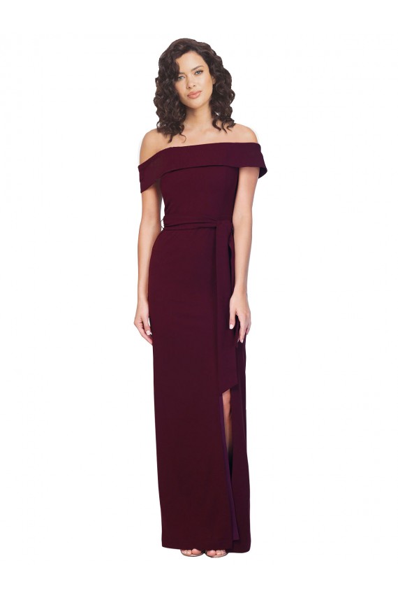 Buy Sleeveless Burgundy Gold Off the Shoulder Low Back Stretch Crepe Sheath Formal Dress UK